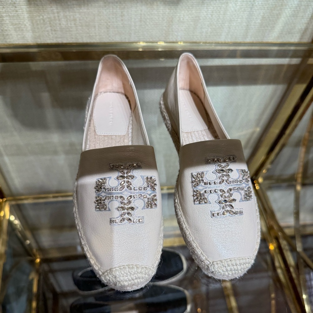 Tory Burch T-Logo Crystal Logo Leather Espadrille Flat Shoes